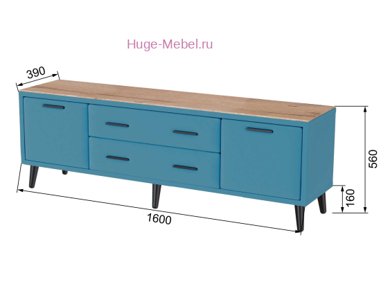 ТВ тумба 1.6 метра "Пай" велюр светло-голубой +дуб канадский